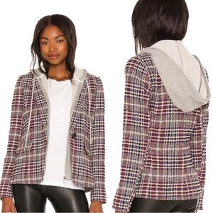Central Park West Coco Plaid Blazer in Red Plaid Removable Zipper Hooded Dicky